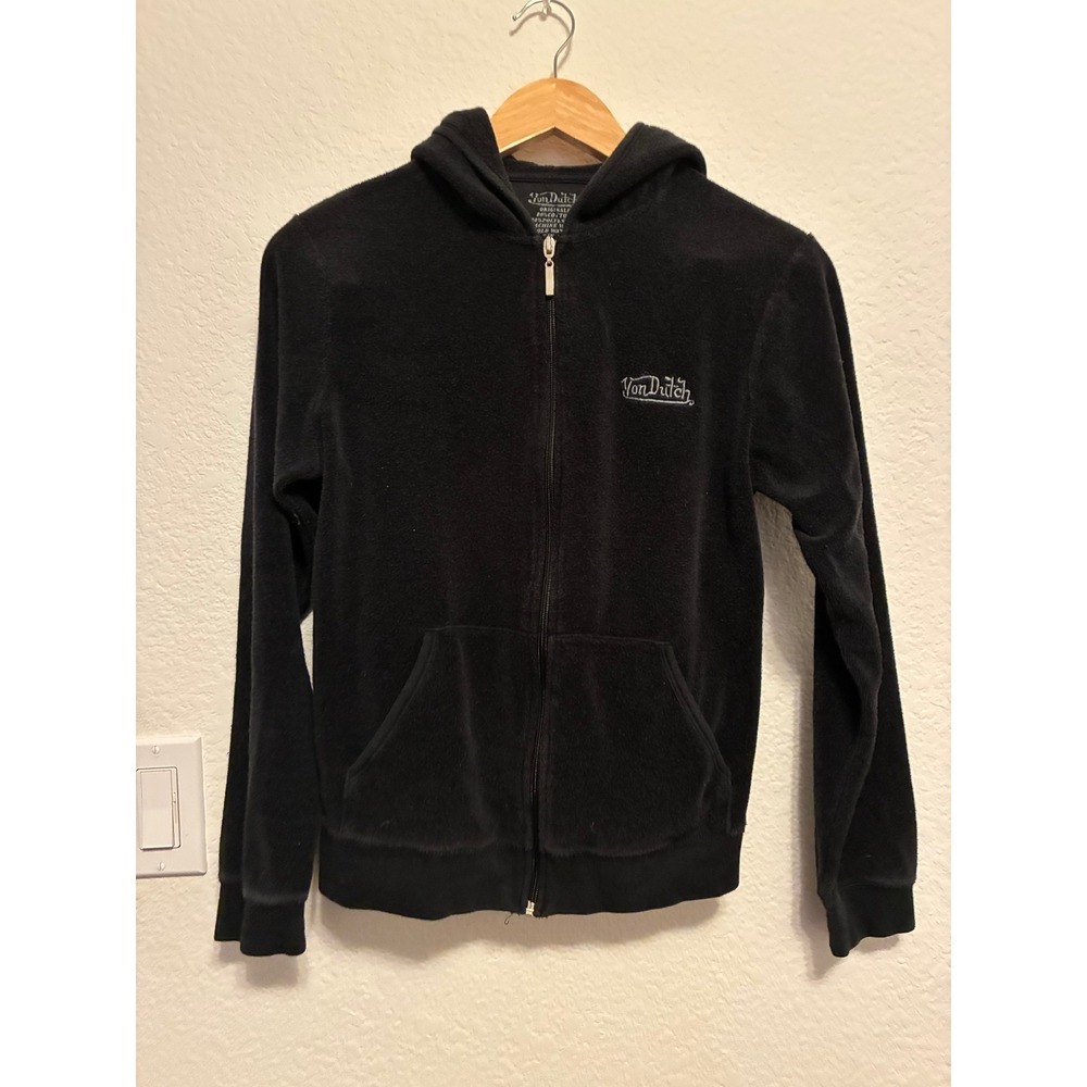 Von Dutch Originals Black Velour Zip Up Hoodie Womens Large Y2K Embroidered Logo